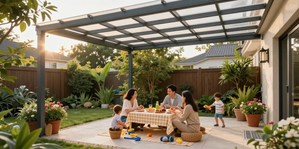 Moderne Terrassenüberdachung über einem Garten-Patiobereich, Familienfeier mit Spielzeug und Pflanzen.