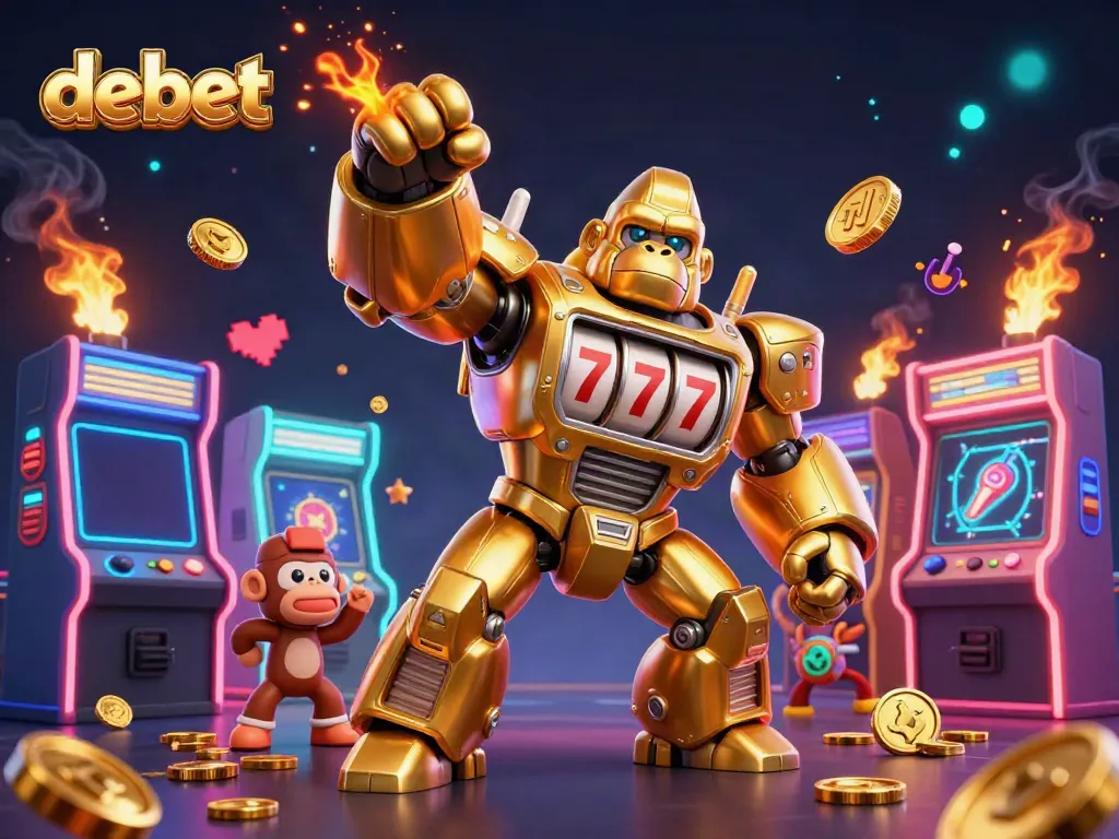 Experience the thrill of debet in a dynamic 3D gaming scene with a golden gorilla mech and arcade elements.