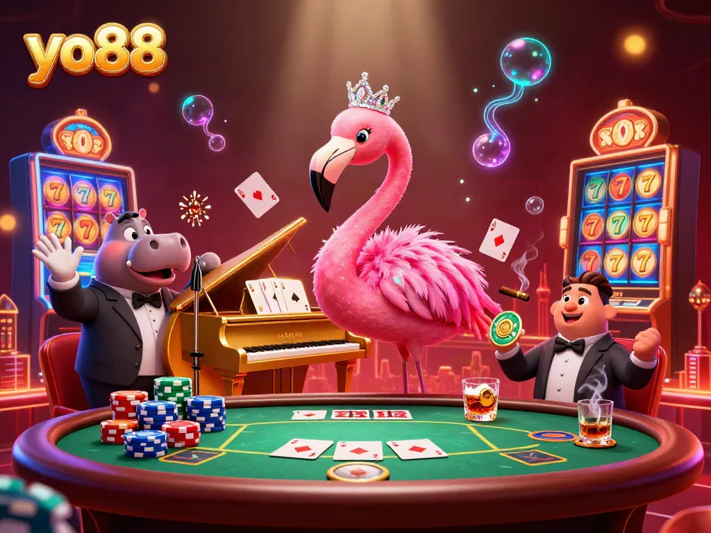 Engage with yo88 at this vibrant casino scene featuring a lively flamingo singer and a hippo bassist.