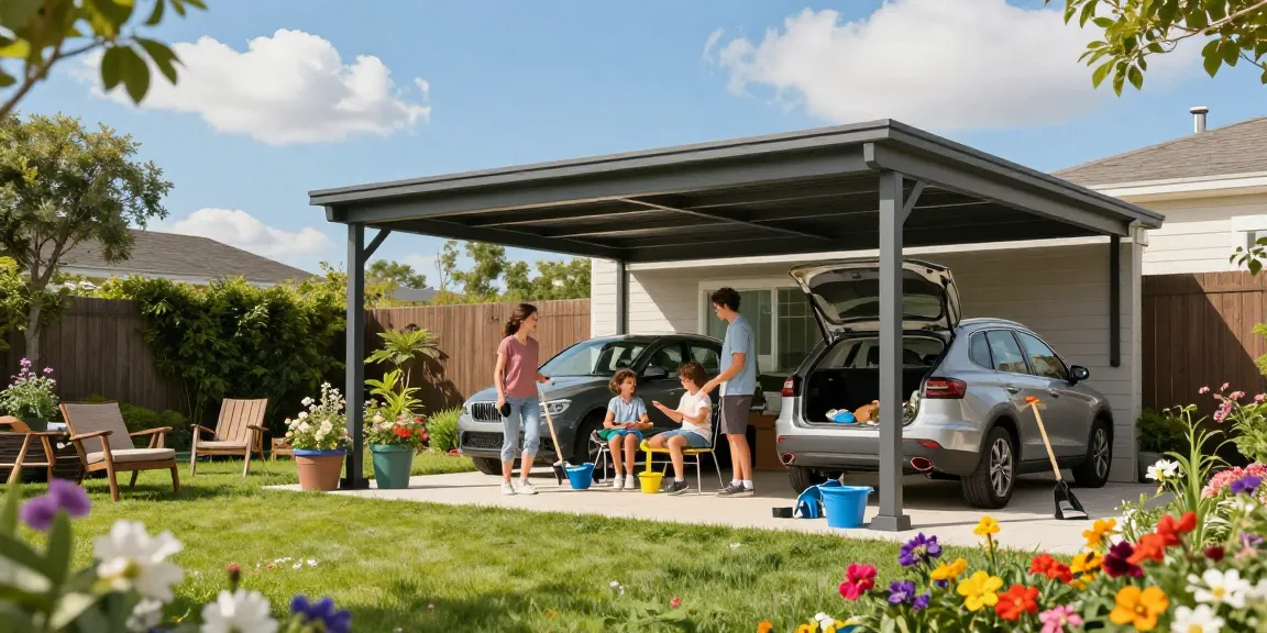 Moderne Carport-Installation im Garten schützt Fahrzeuge und bietet Stauraum.