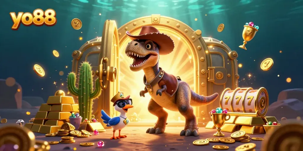 Engage with yo88's vibrant casino world through lively characters and gold treasures.