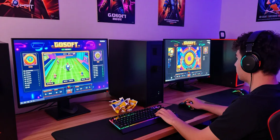 A gaming enthusiast playing GGSOFT Bounce Ball Slot Game on a high-tech setup with colorful visuals and engaging peripherals.