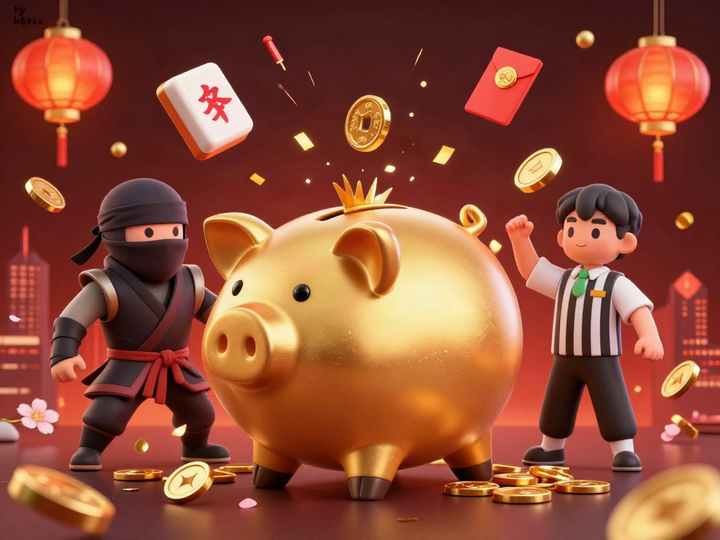 Watch the exciting tỷ lệ kèo action with a golden piggy bank sumo wrestler and dynamic gambling elements.