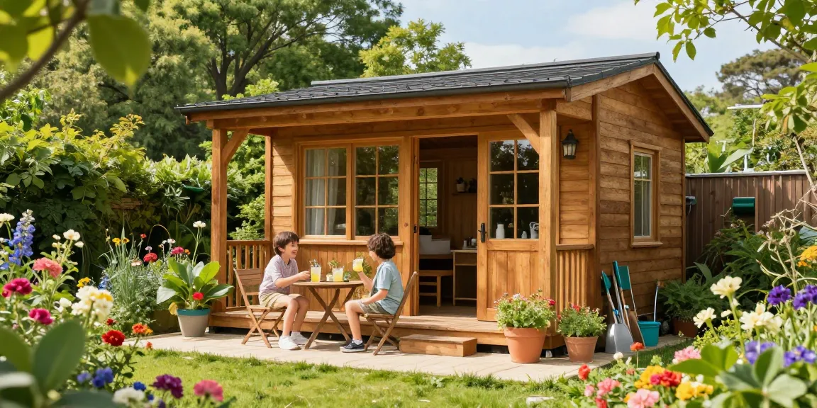 Garten Haus in einem blühenden Garten, umgeben von bunten Blumen und einem einladenden Ambiente.