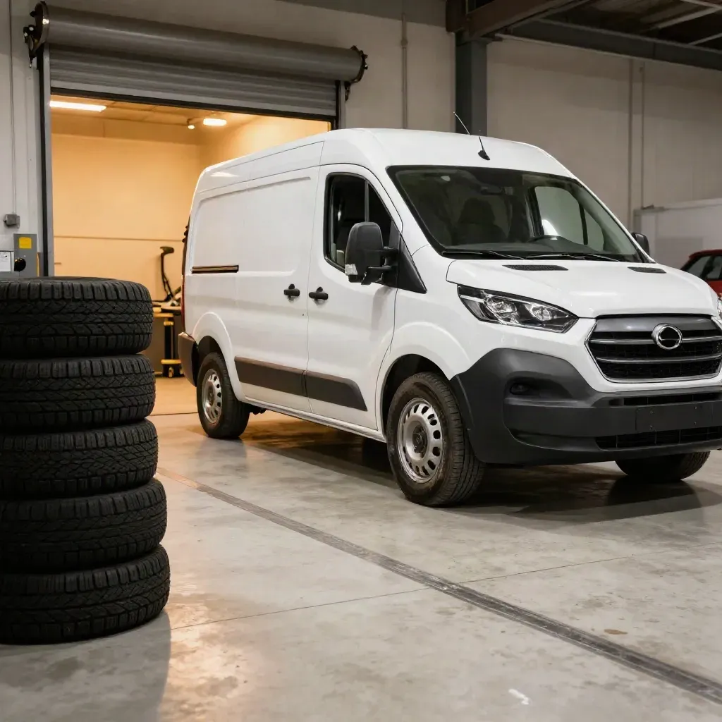 Lieferwagen neben Winterreifen in der Werkstatt, offener Lift und warmes Licht
