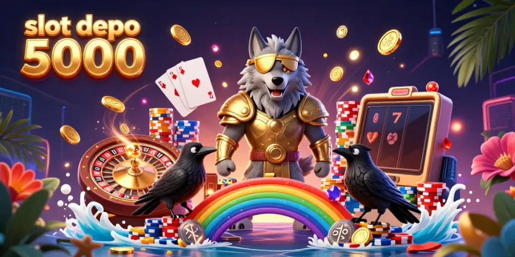 Engage with slot depo 5000 through an enchanting 3D scene featuring Odin, magical ravens, and vibrant casino elements.