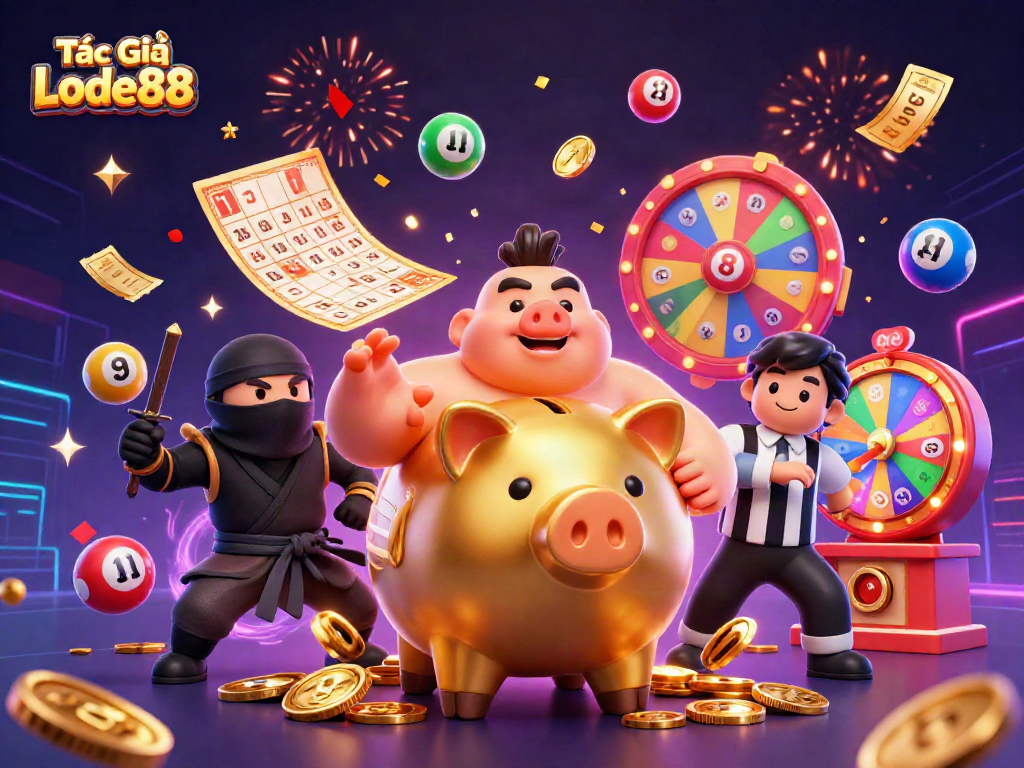 Action-packed scene of Tác Giả Lode88 with a golden piggy bank and ninja characters in a dynamic casino environment.