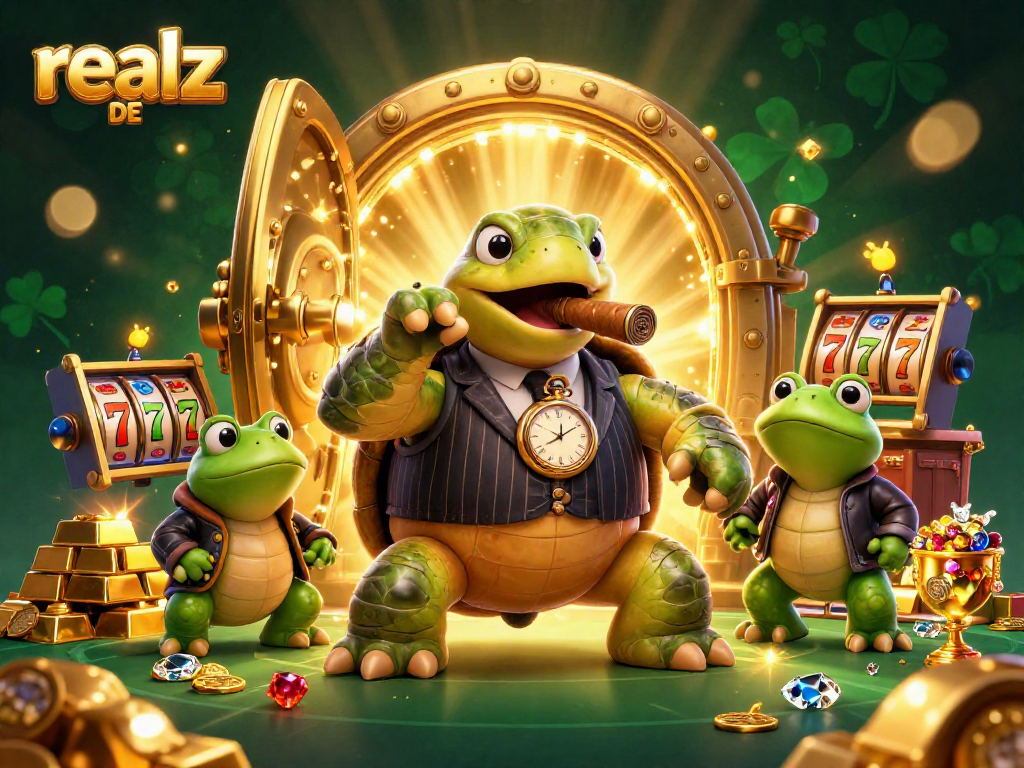 Spielen Sie realz DE Slotspiele mit einem Cartoon-Schnappschild, umgeben von reichem Casino-Glanz.