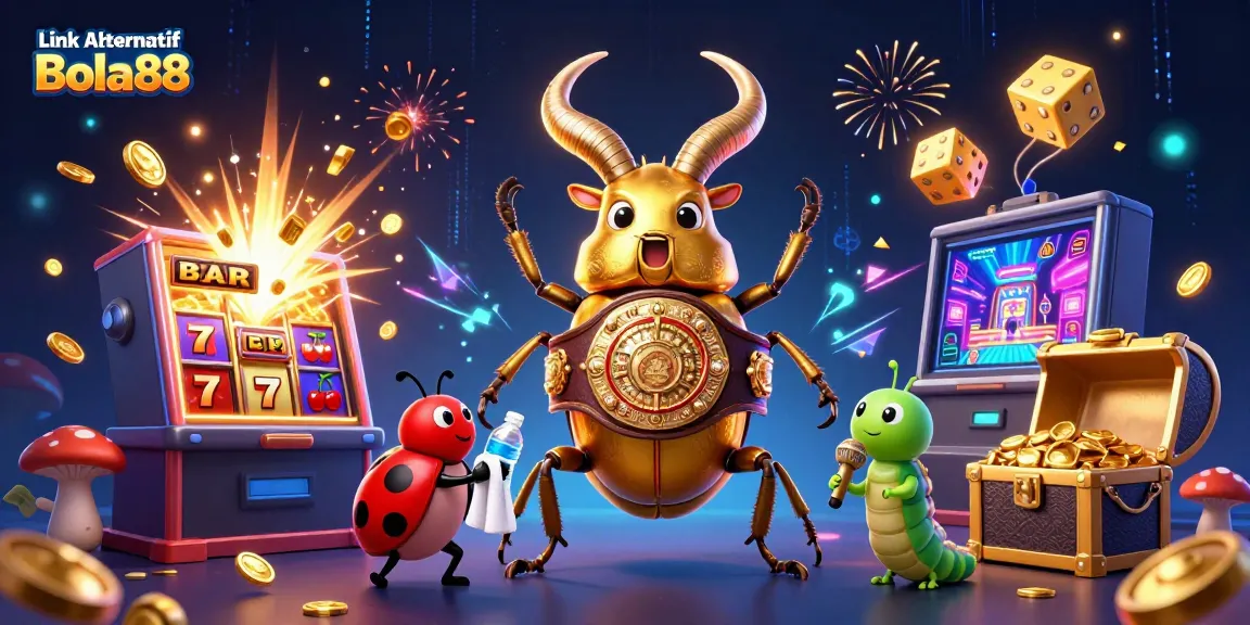Engage with Link Alternatif Bola88 through vibrant casino-themed artwork showcasing a giant golden stag beetle and dynamic game elements.