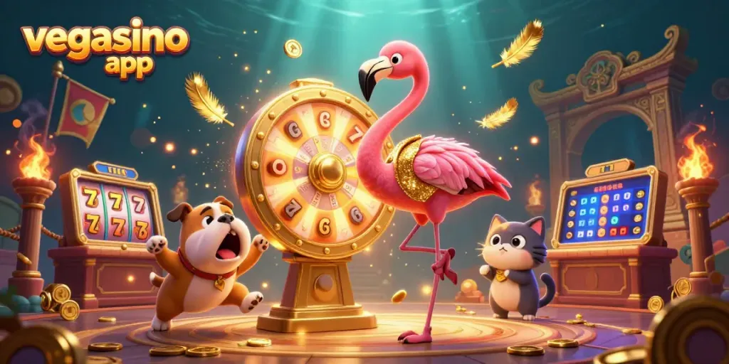 Play the vegasino app for thrilling wins in this vibrant casino-themed illustration
