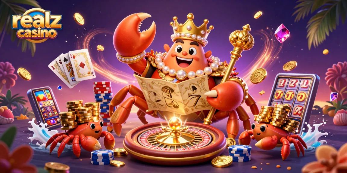 Experience the excitement of realz casino with a golden crab emperor, stunning visuals, and dynamic game elements.