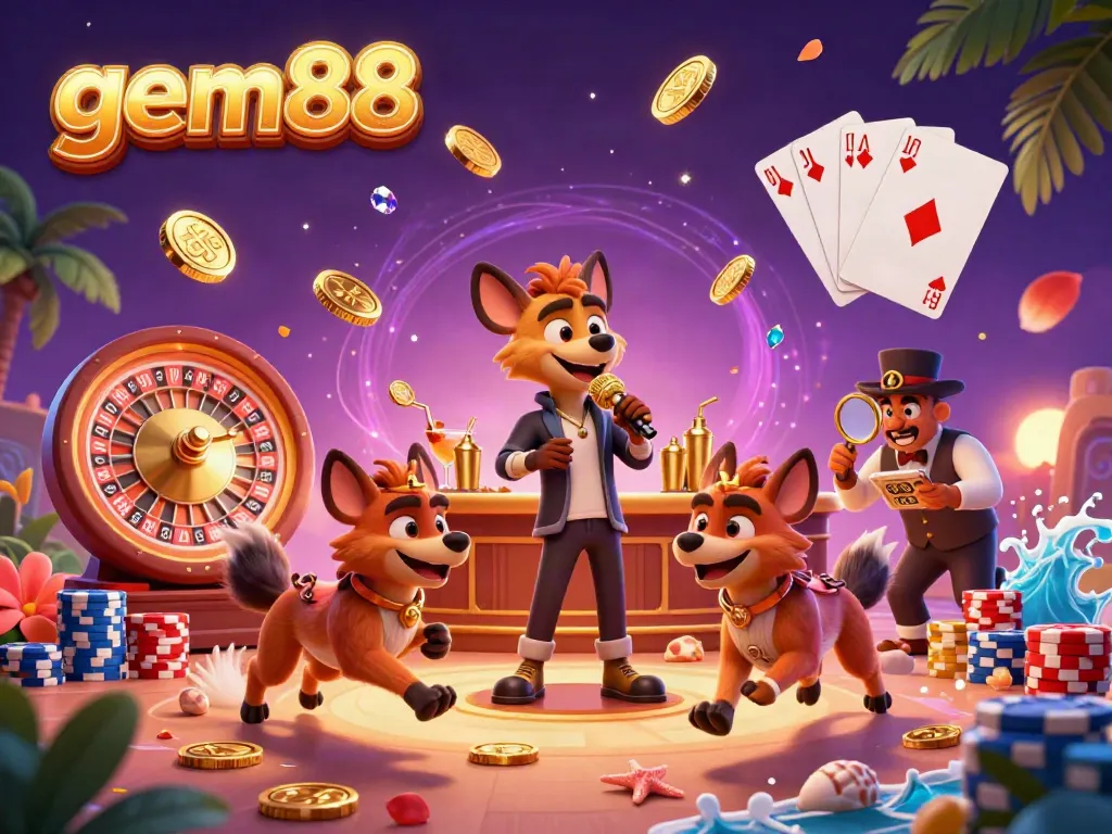 Engage in fun at the gem88 casino with lively hyenas performing comedy, mixing drinks, and checking IDs amidst a dynamic gaming environment.