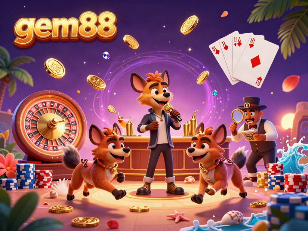 Engage in fun at the gem88 casino with lively hyenas performing comedy, mixing drinks, and checking IDs amidst a dynamic gaming environment.