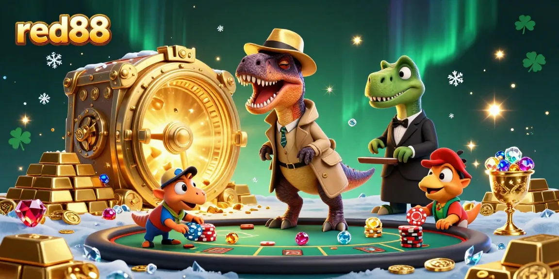 Experience thrilling gameplay at red88 with a cartoon velociraptor at a blackjack table.