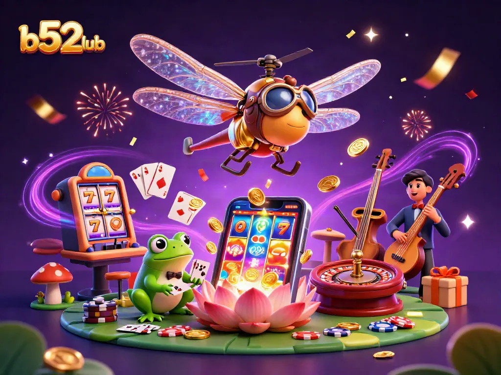 b52club showcases a lively casino scene with a dragonfly pilot, frog croupier, and cricket musicians.