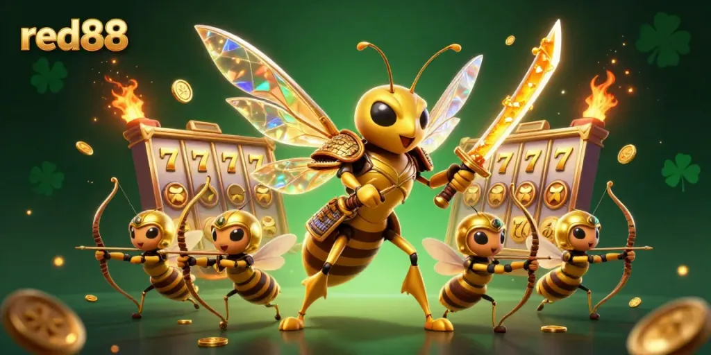 Experience the excitement of red88 with jackpot slots and golden coins in a vibrant casino scene.