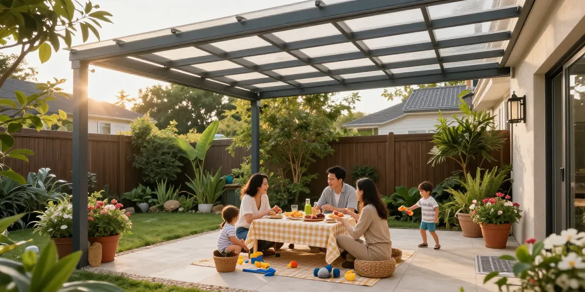 Moderne Terrassenüberdachung über einem Garten-Patiobereich, Familienfeier mit Spielzeug und Pflanzen.