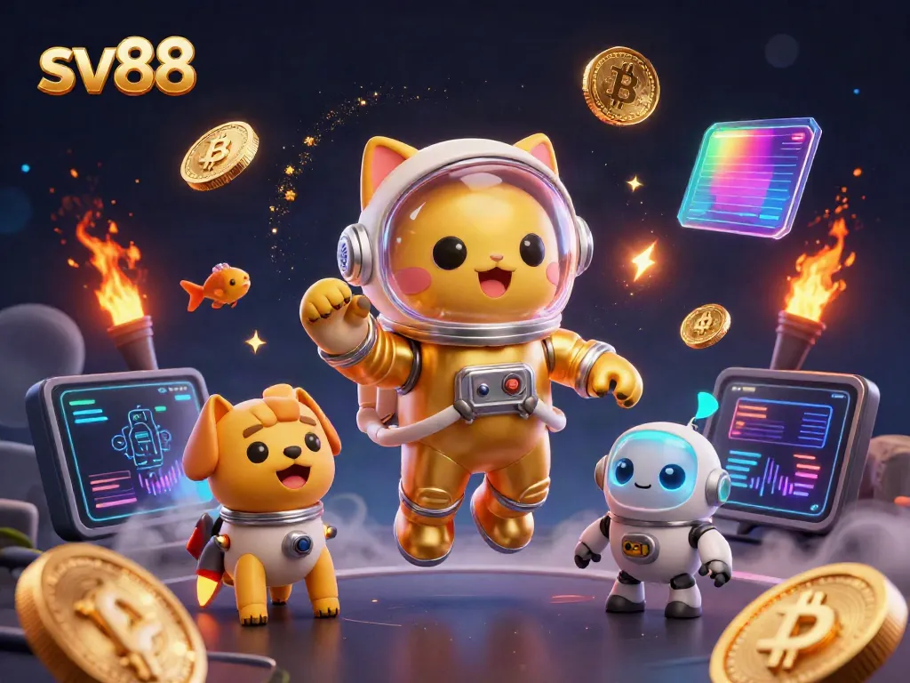 Engage with sv88's dynamic gaming experience featuring a golden astronaut cat in cosmic action.