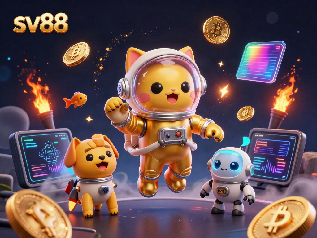 Engage with sv88's dynamic gaming experience featuring a golden astronaut cat in cosmic action.