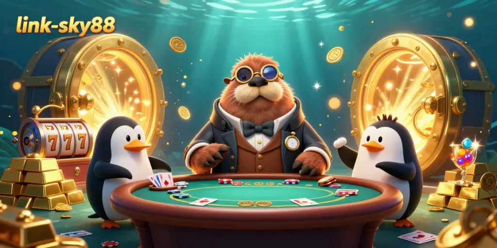 Experience thrilling online gaming with link-sky88 at a lively underwater casino featuring animated characters.