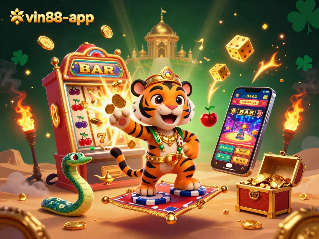Experience winnings with vin88-app, featuring a vibrant slot jackpot and Arabian-themed characters.