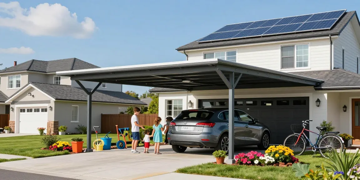 Moderne Carport-Struktur schützt das Auto in einem einladenden Garten.