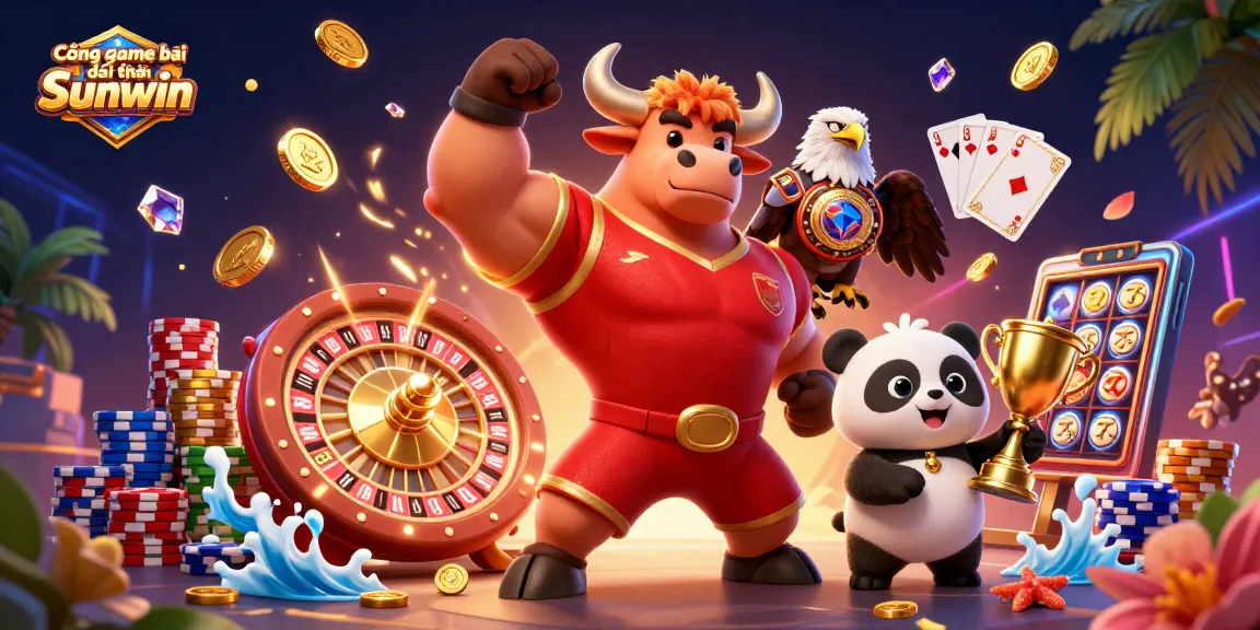 Cổng game bài đổi thưởng Sunwin showcases a victorious bull mascot, an eagle, and a cheerful panda amidst gambling excitement.
