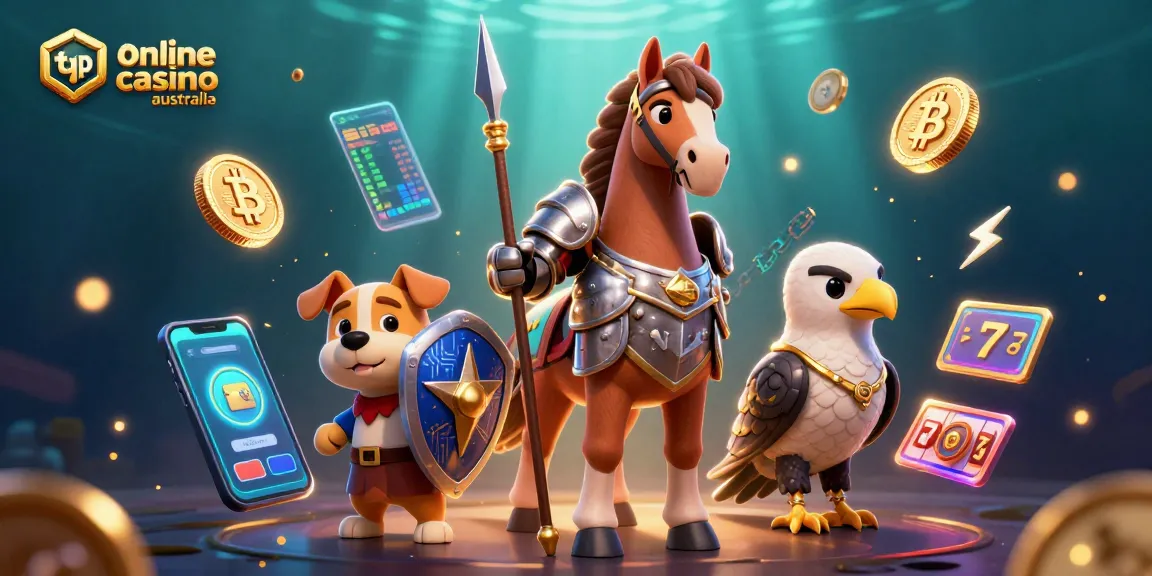 Experience thrilling gameplay at top online casino australia with a dynamic scene of a knight, squire, and falcon surrounded by glowing crypto elements.