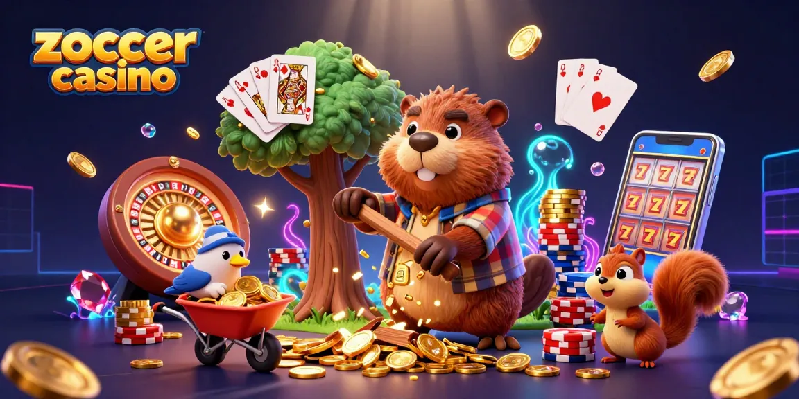 Join the excitement at Zoccer Casino with a playful scene of cartoon characters enjoying a festive gambling atmosphere.